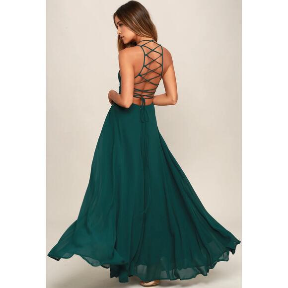 Lulus Strappy To Be Here Forest Green Lace-Up Maxi Dress Size Medium Formal Gown - Picture 10 of 16